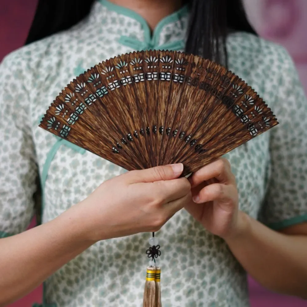 7.15-c13  agarwood fan carving hollow agarwood handicraft ornament antique shooting props handheld solid wood fan view 6