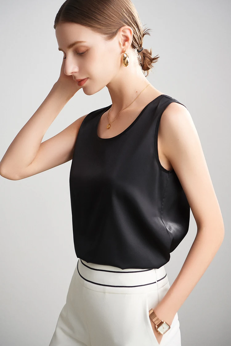 SuyaDream. Women Basic Cozy Tanks, 100% Real Silk, O Neck Sleeveless Chic T Shirt, 2025 Solid Summer Vests, White, Pink, Beige