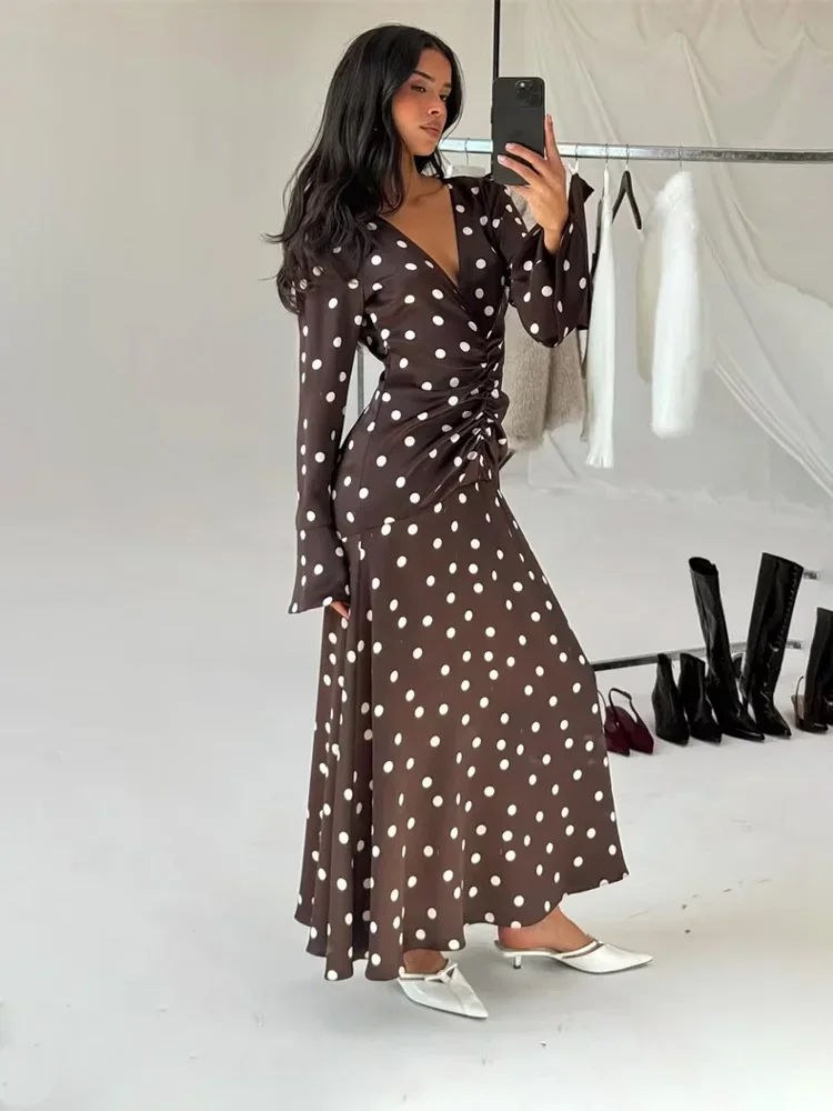 

V-Neck Fashion Contrast Maxi Dress Women's Long Sleeve High Waist Elegant Commute Party Dress Female Summer Long Dress New