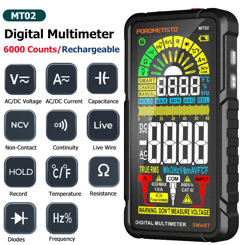 MT02 Rechargeable Smart Digital Multimeter 6000 Counts 600V 10A Digital DC/AC Current Voltage Capacitor Ohm Diode NCV Hz Tester