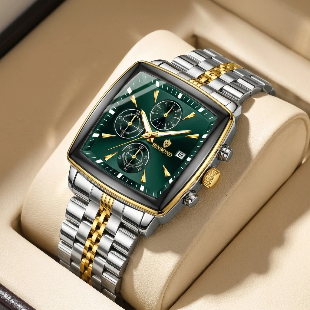 1pc square green dial watch with color-block metal strap, chronograph design, stylish business men's watch, trendy