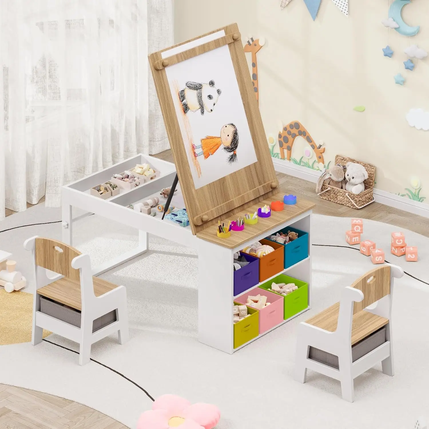 Kids Art Table and Chairs, Toddler Craft Table and 2 Chairs Set with Roll Paper, Large Activity Desk with 6 Colorful Paint Cups & Storage for Drawing, Learning and Reading
