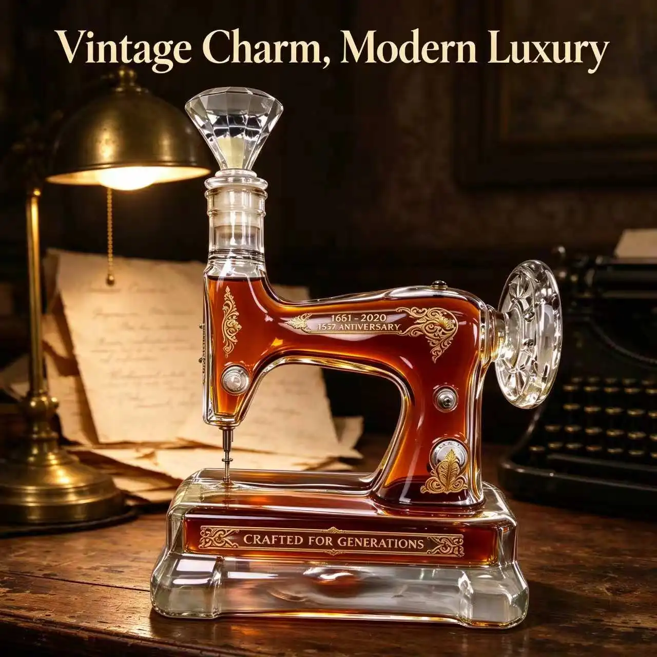 Creative Retro Sewing Machine Shape Glass Liquor Decanter 350ml Decorative Spirit Bottle for Home Tabletop Display Gift