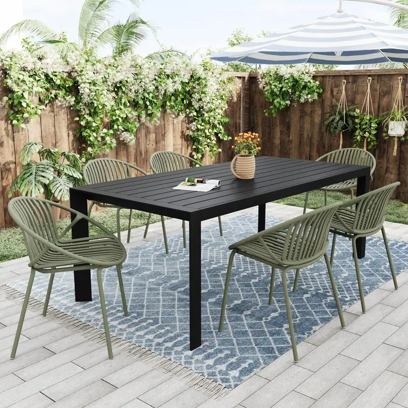 7-Pc Outdoor Modern Metal & Polypropylene Dining Set w/ Stackable Chairs, Green & Black