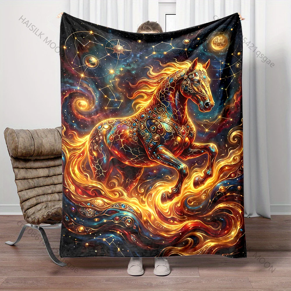 Fiery Ornate Horse in Cosmos Print Blanket Warm Soft Fluffy Kids and Adult Sofa Bed Throw Blanket Outdoor Travel Camping RV