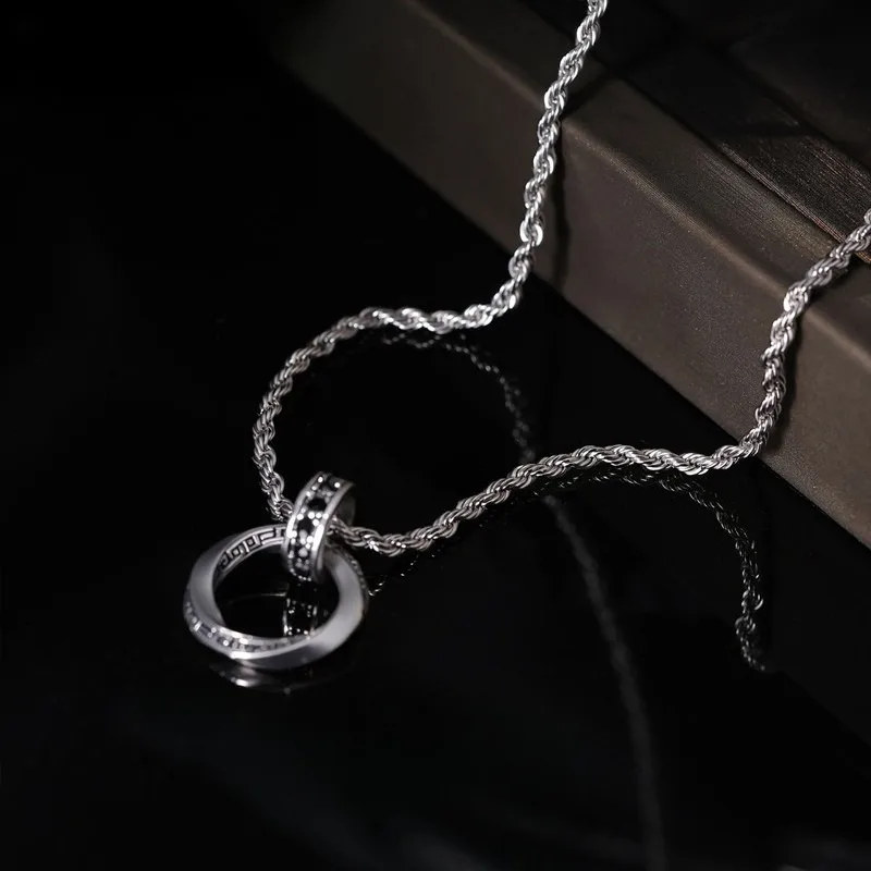 Vintage Stainless Steel Mobius Ring Pendant Necklace Black CZ Inlaid Engraved Pattern Twist Rope Chain Gothic Streetwear Jewelry