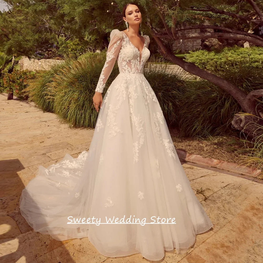 

Gorgeous A Line Wedding Dress Customized V Neck Long Sleeves Applique Open Back Tulle Bridal Gown Vestido De Noiva