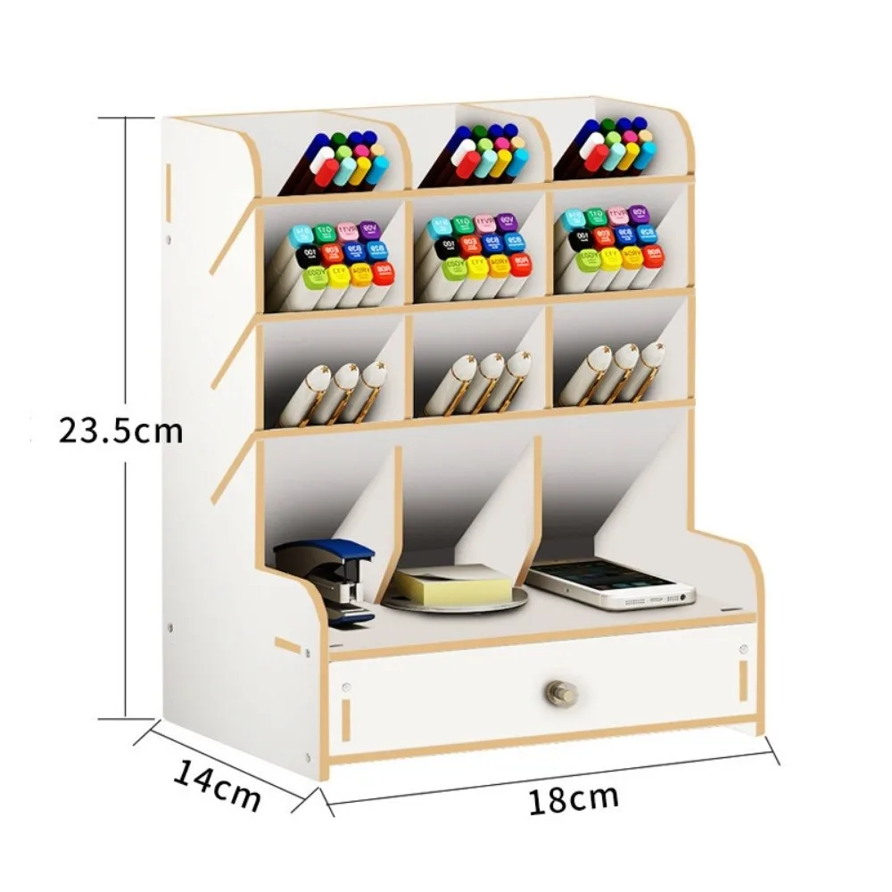 

Portable Large Capacity Wooden Desk Organizer Multi-grid 5 Layer Pen Holder with Drawer Stationery Storage Box School