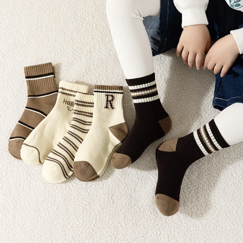 Five Pairs of Boys' Socks for Autumn and Winter, Trendy and Versatile Alphabet Striped Looped Mid-Calf Socks