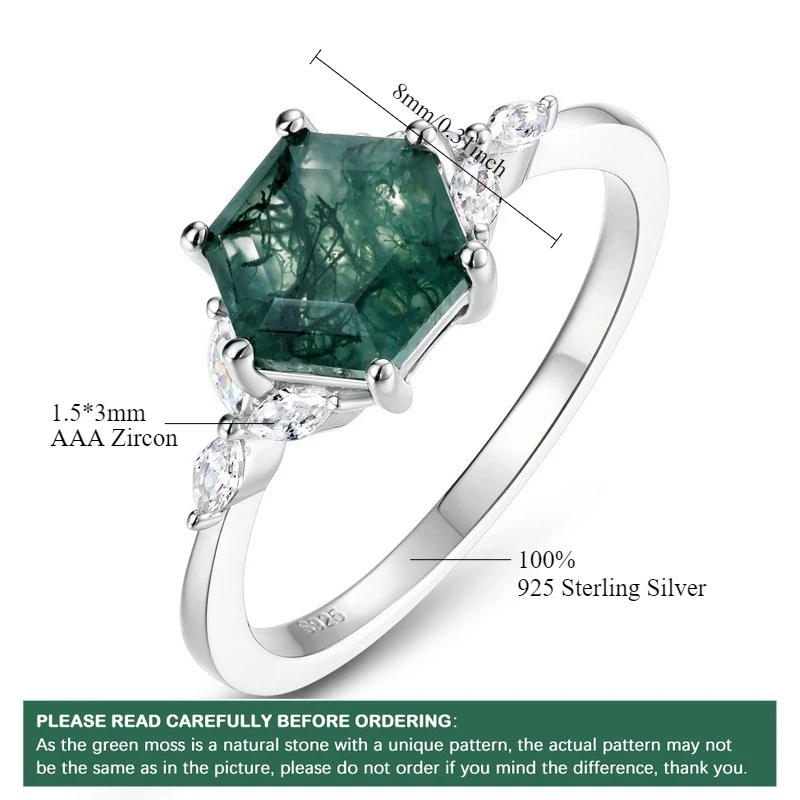 ALLNOEL 925 Sterling Silver 8mm Natural Green Mossy Stone Stacked Ring Inlaid Geometric Aquatic Agate Fine Jewelry for Women