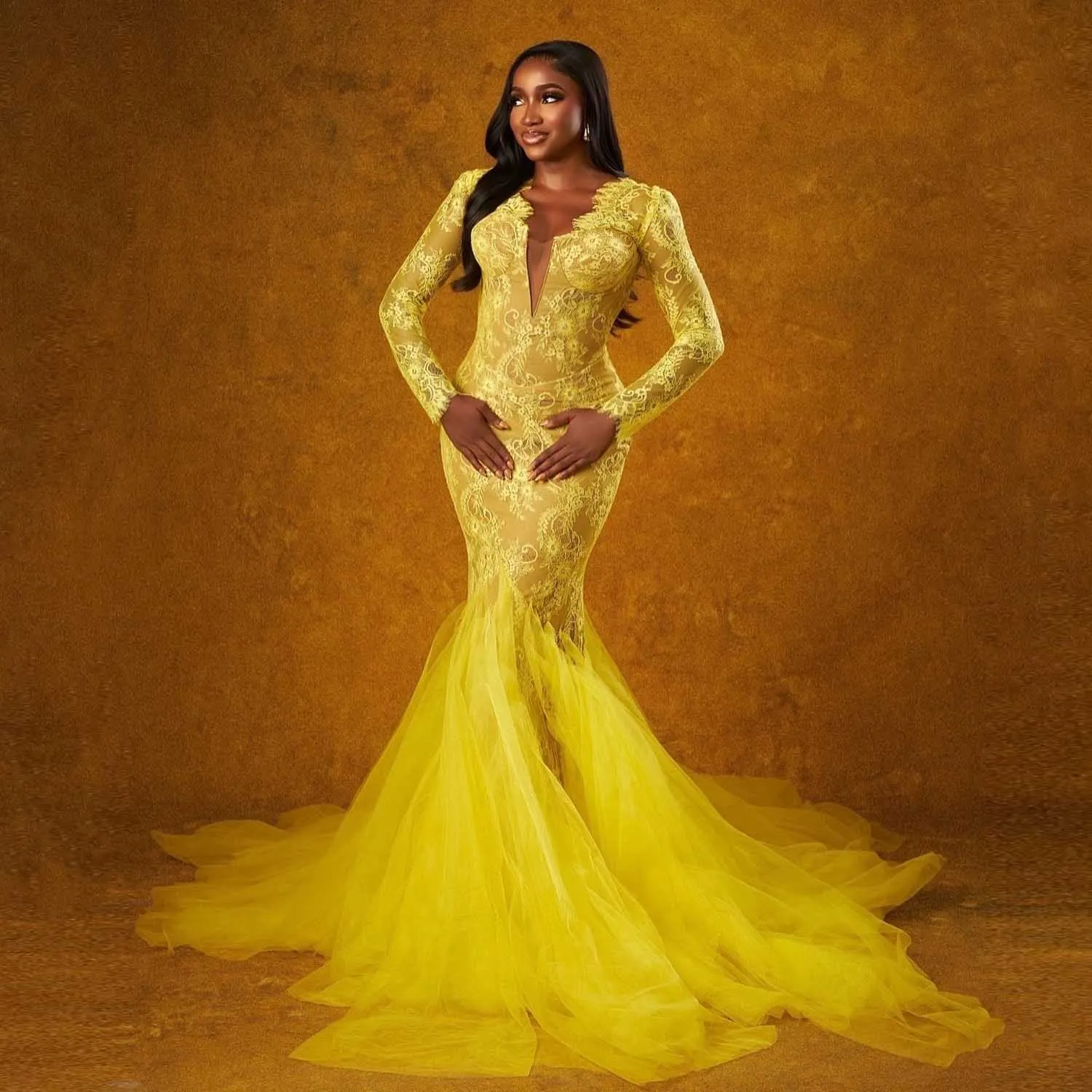 

African Yellow Lace Evening Dresses Customized Soft Tulle Mermaid Wedding Second Dress Black Girls Birthday Dress Formal Gown