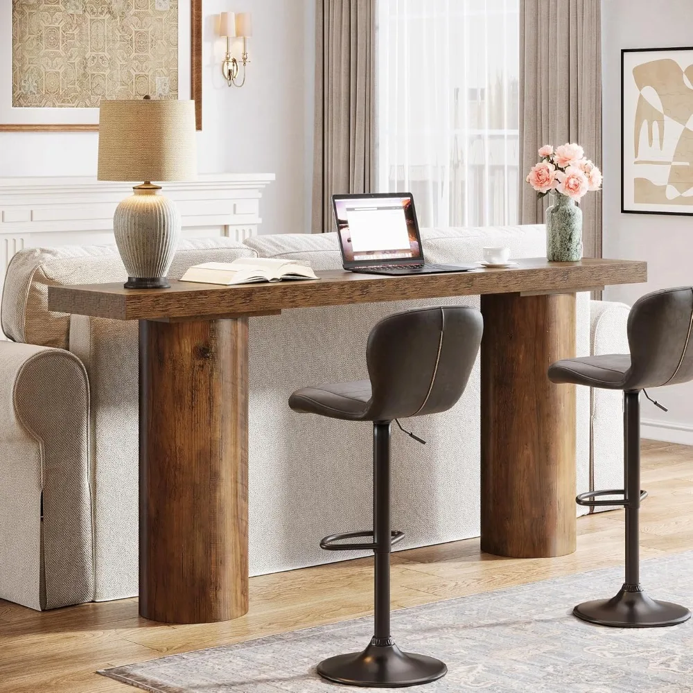 

63" Long Bar Table, Rectangle Kitchen Counter Height Table with Pillar Legs, Narrow Bar Height Pub Table Behind Couch