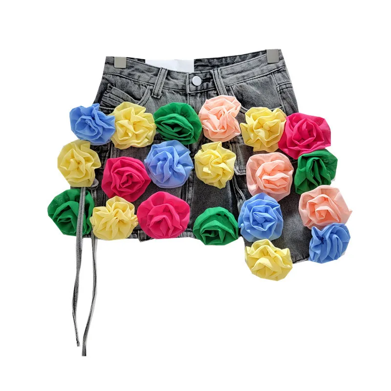 Imagem -06 - Saia Jeans Irregular Cintura Alta Emagrecimento Linha-a Anti-exposição Saia Feminina com Bainha Doce Flores Coloridas Primavera Verão Novo