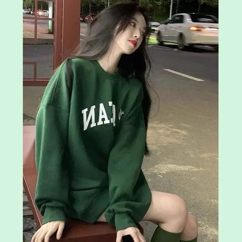 Spring and autumn sweatshirts for women American retro dark green white loose design niche round neck thin tops hot style y2k