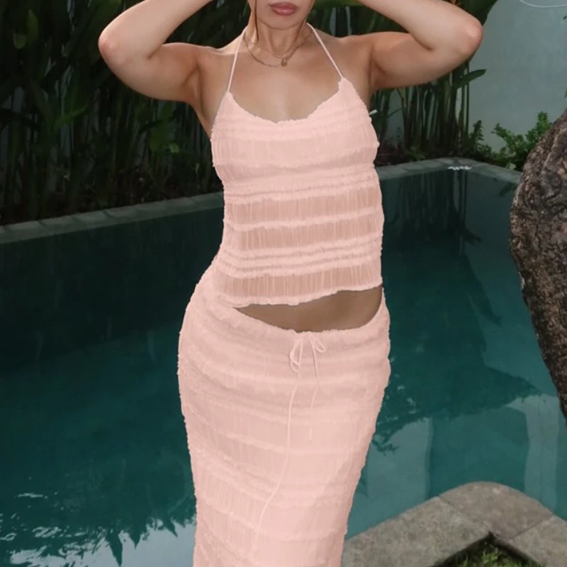 2025 verano moda francesa nuevo Sexy cuello Halter pecho envoltura delgada doble correa vestido largo traje vestido