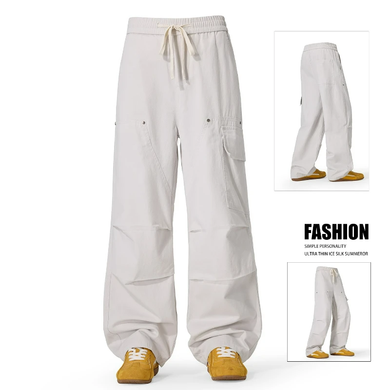 American Style High Street Multi Pocket Workwear Pant for Men's Summer Trendy Loose Straight Leg Versatile Casual Cargo Trousers