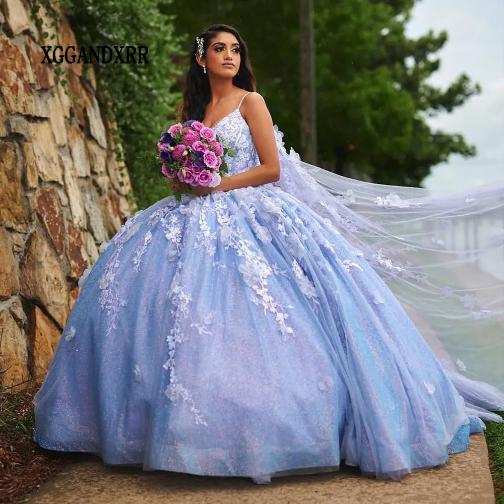 Vestido De quinceañera azul con estampado Floral 3D, traje De Baile De Princesa con lentejuelas, mariposa, 15 Años, con capa, 2024