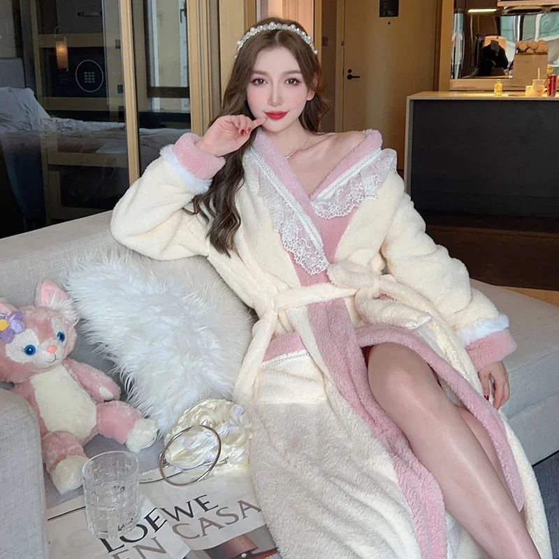 Winter Long Sleeve Thick Warm Flannel Kimono Robes for Women Korean Cute Coral Velvet Bathrobe Sleepwear Nightdress Night Dress