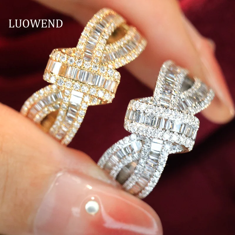 LUOWEND 100% 18K White/Yellow Gold Rings Fashion Cross Shape 0.80carat Real Natural Diamond Cocktail Ring for Women Fine Jewelry