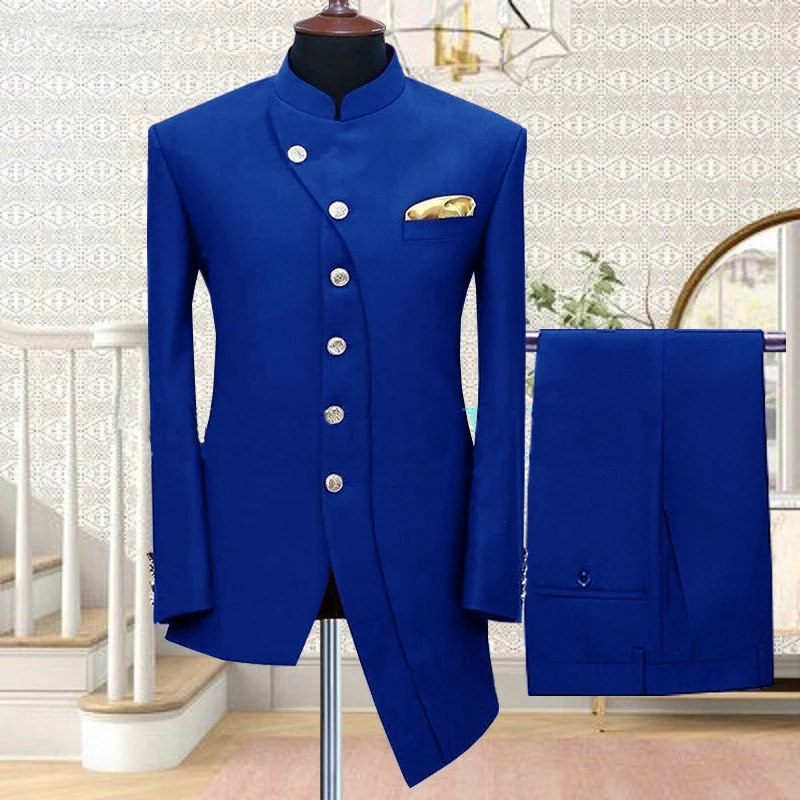 

Royal Blue Suits for Men Slim Fit African Business Wedding Tuxedos Tailor-made Fashion Stand Collar Blazer Pants 2 Pieces Set