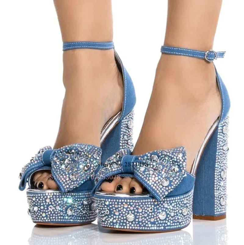 Bow Knot Chunky High Heels Peep Toe Blue Denim Rhinestone Ankle Strap Platform Sandals Women Heeled Wap Ladies Summer Prom Shoes