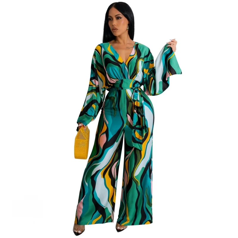 

Autumn Print Flower Women Jumpsuits For Women Long Sleeve Bandage Loose Fashion Streetwear Overalls Wide Leg Pants Trousers 2023