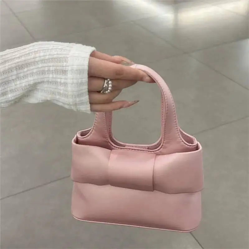 Bloom Sweet Cute Pink Hand Bag Wallet Women Fairycore Aesthetic Bow Satin Handbag Purse Girls Retro Shoulder Crossbody Bags