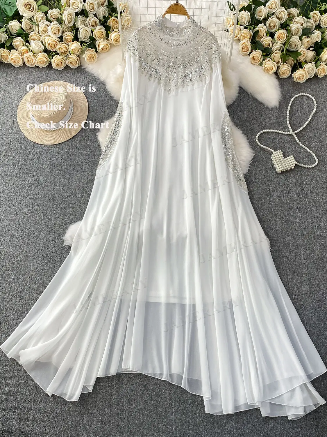 

Summer Embroidery Beaded Long Sleeve Sequin Maxi Dress Women Loose Fit Tummy Covering Luxury Formal Evening Chiffon Dresses