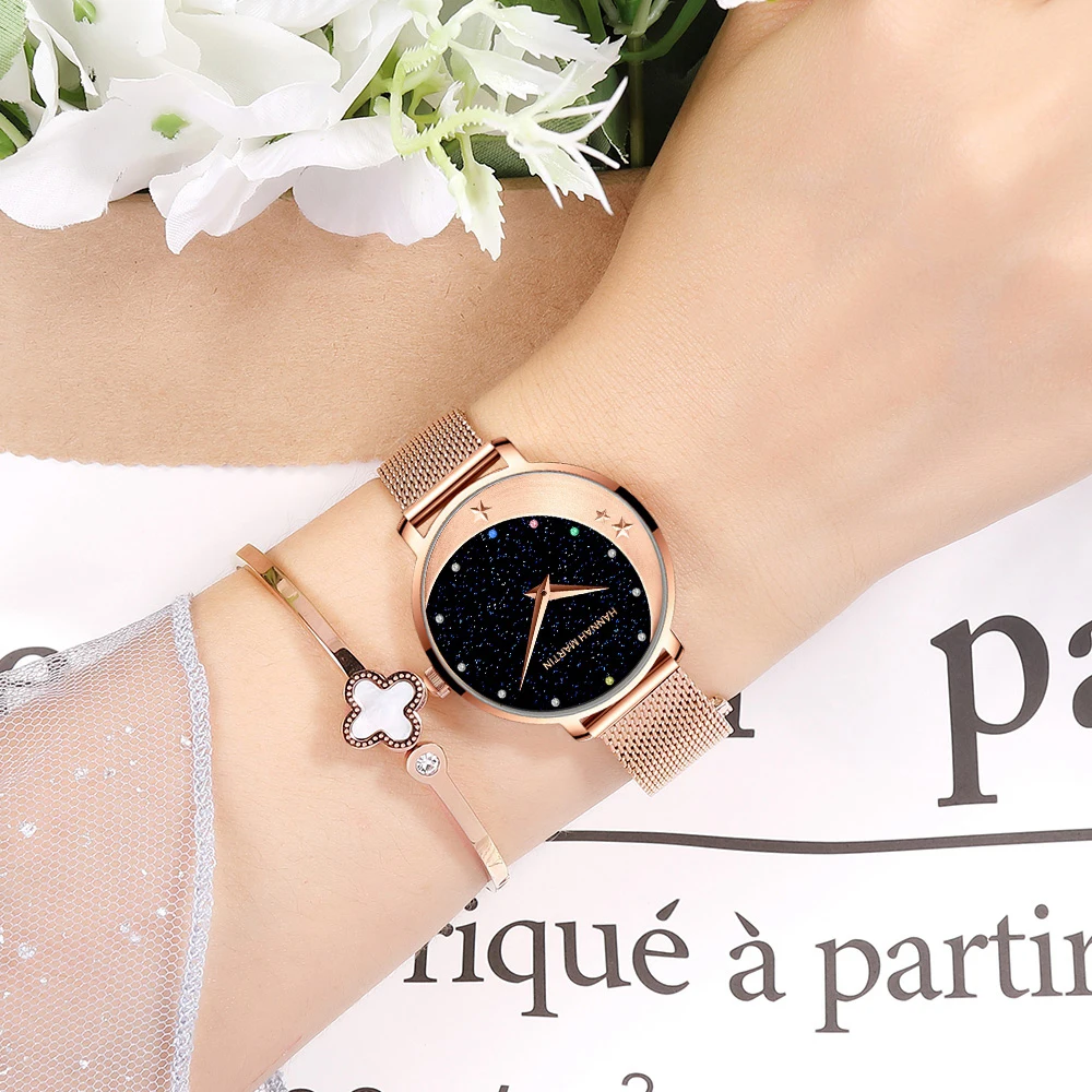 New Design Model Arrival Japan MIYOTA 2035 Quartz Movement Stainless Steel Wristwatch Moon Stars Night Flash Watches for Women