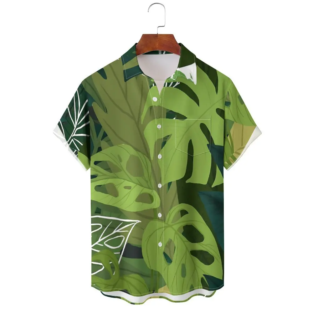 Men's Summer Fashion Resort Hawaiian Lapel Button  Shirt Men Green Leaf Elements Printed Button  Shirt Men's Trend Shirt