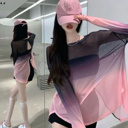 MEXZT Sexy Hollow Out Backless T Shirts Women Gradient Ice Silk Loose Sunscreen Shirts Summer Gothic See Through Blouses Tops