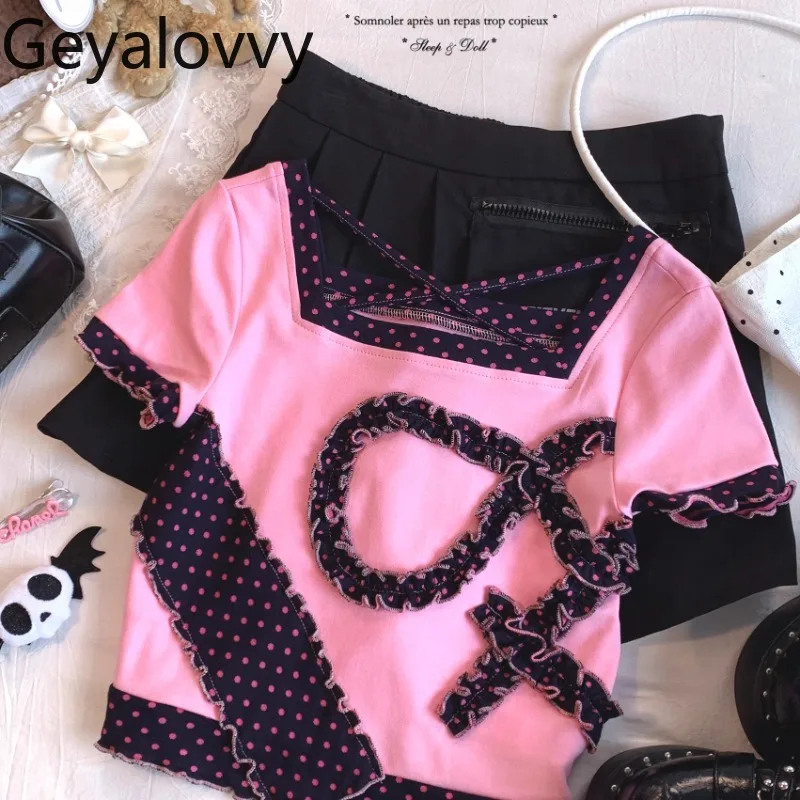 

Retro Sweet Polka Dot Splicing Cross Strap Short T-shirt Summer New Versatile Cute Girls T Shirt Slim Short-sleeved Tops