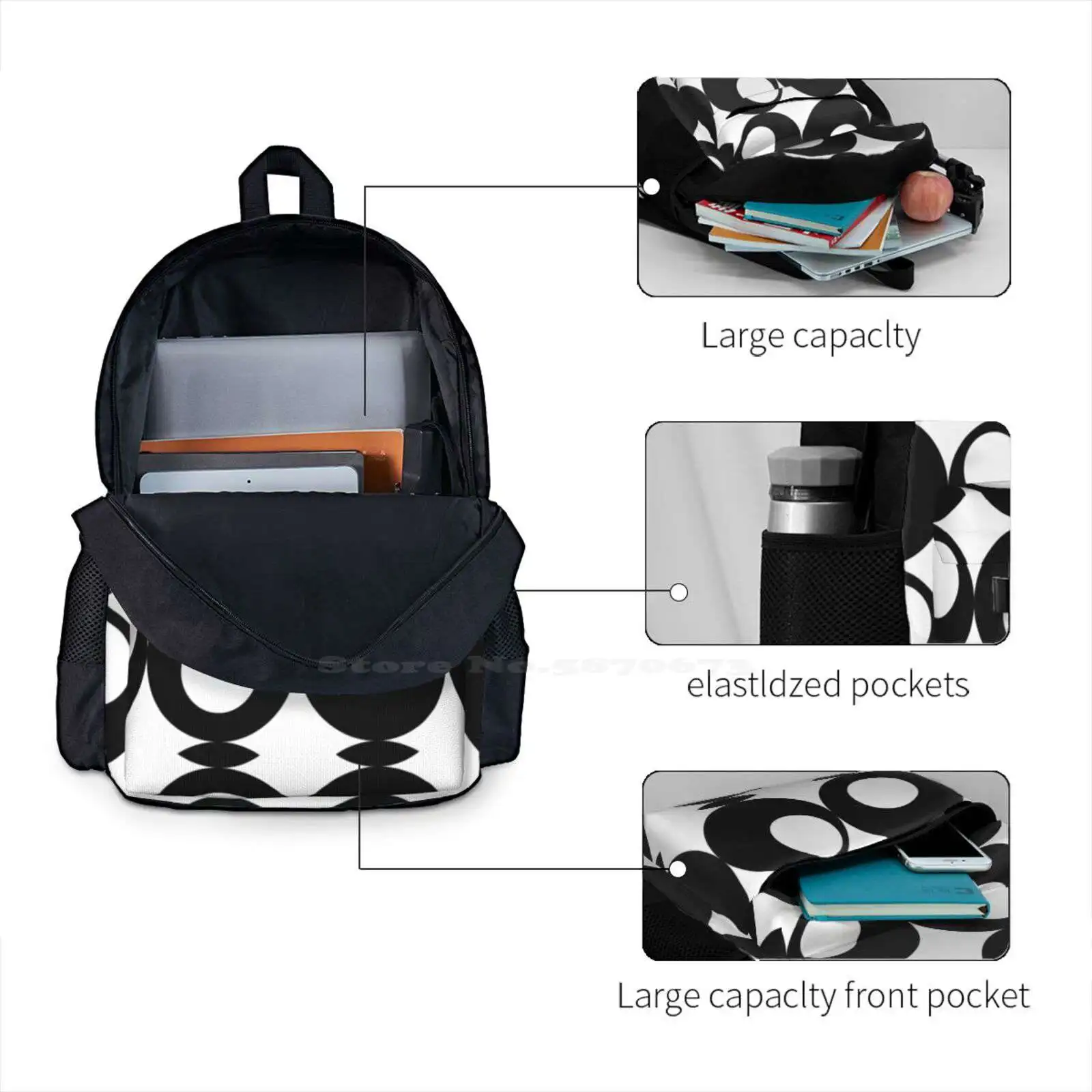 Hole Hot Sale Schoolbag Backpack Fashion Bags Black And White Contrast Circles Retro Vintage Swinging Sixties 60S 1960S image 4