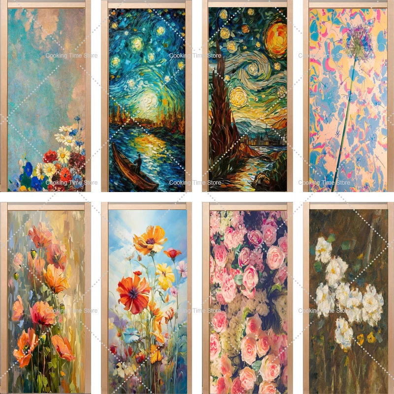 

Retro Oil Painting Theme 3D Door Stickers Removable Peel and Stick Flowers Door Wallpaper Self-Adhesive Decor Wall Mural Decals