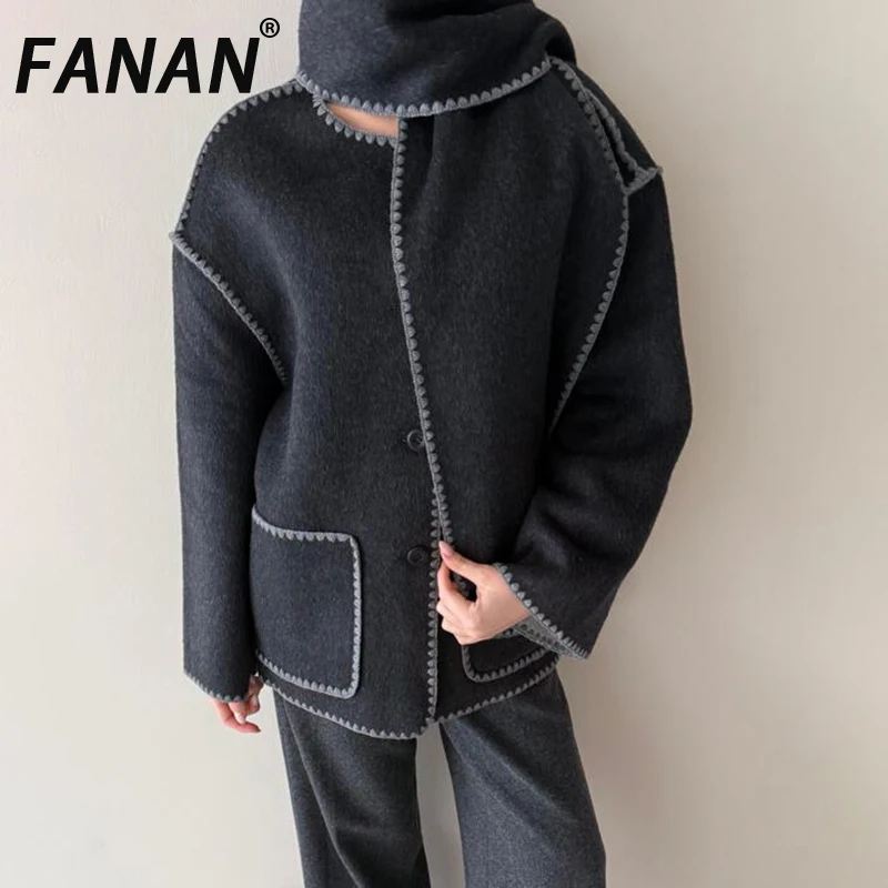 

FANAN элегантные шерстяные пальто с шарфом и воротником для женщин, однобортные толстые теплые куртки с длинными рукавами, женская верхняя одежда, новинка весны 2026 г.