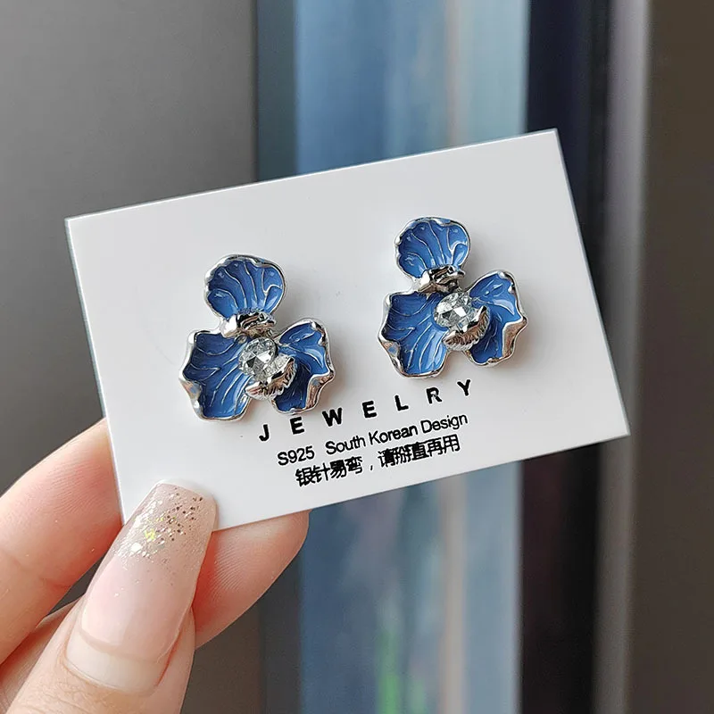 Simple Elegant Unique Blue Iris Flower Crystal Earrings For Women Trendy Temperament Jewelry Earrings Girl\'s Wear Accessories