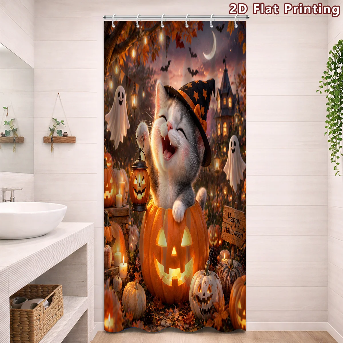 Cute Cat Halloween Shower Curtain, Pumpkin & Ghost Print Waterproof Bathroom Decor, Happy Holiday Witch Hat Home Bath Screen