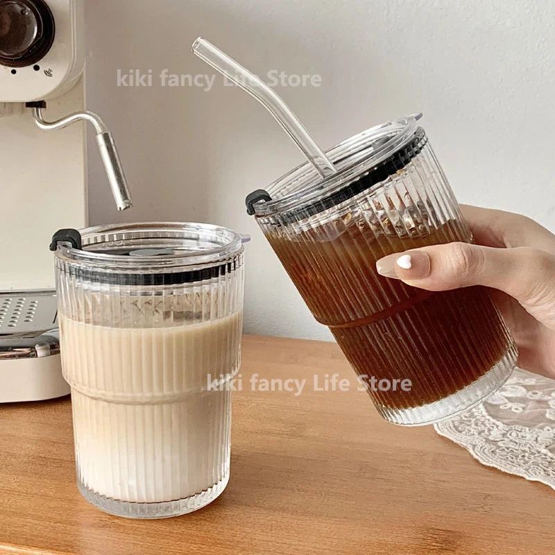 450ml Simple Stripe Coffee Glass Cup With Lid and Straw Transparent Bubble Tea Cup Juice Glass Milk Mocha Cups Breakfast Mug