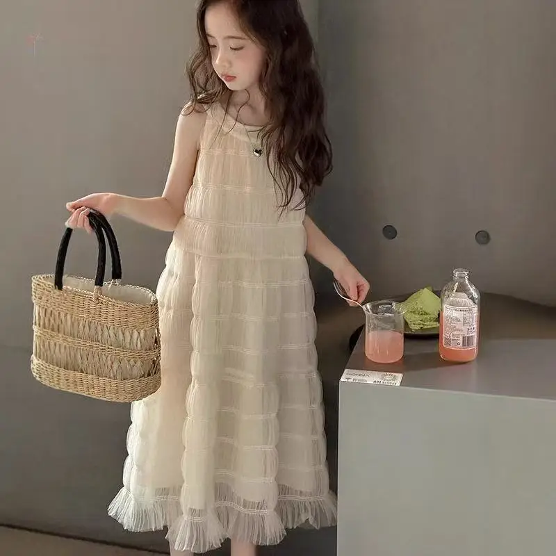 

Girls' Summer New Style Children's Stylish Sleeveless Vest Dress Mesh Solid Color Princess Long Dress 120-170cm