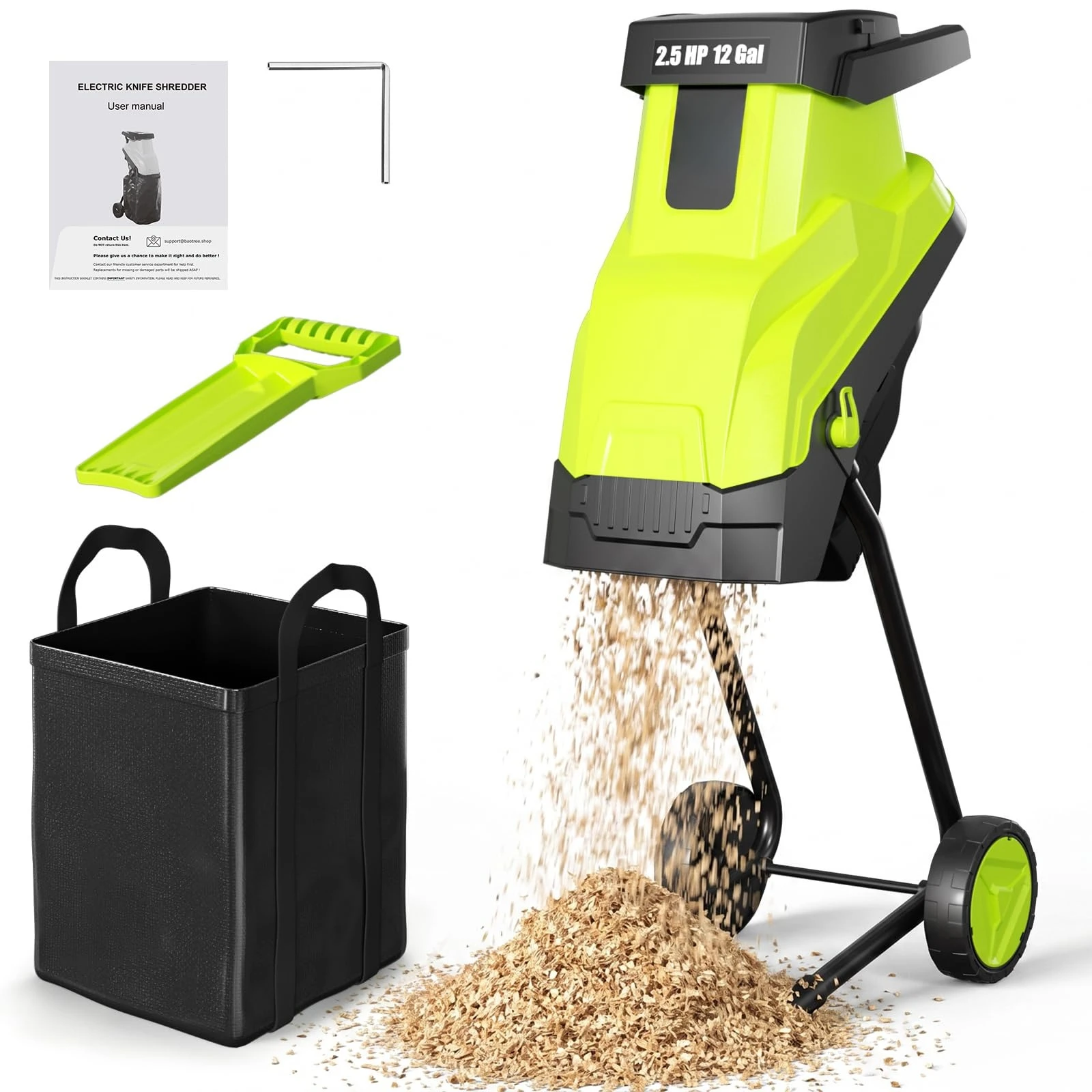 15-Amp Electric Wood Chipper & Shredder with Collection Bag and Push Stick