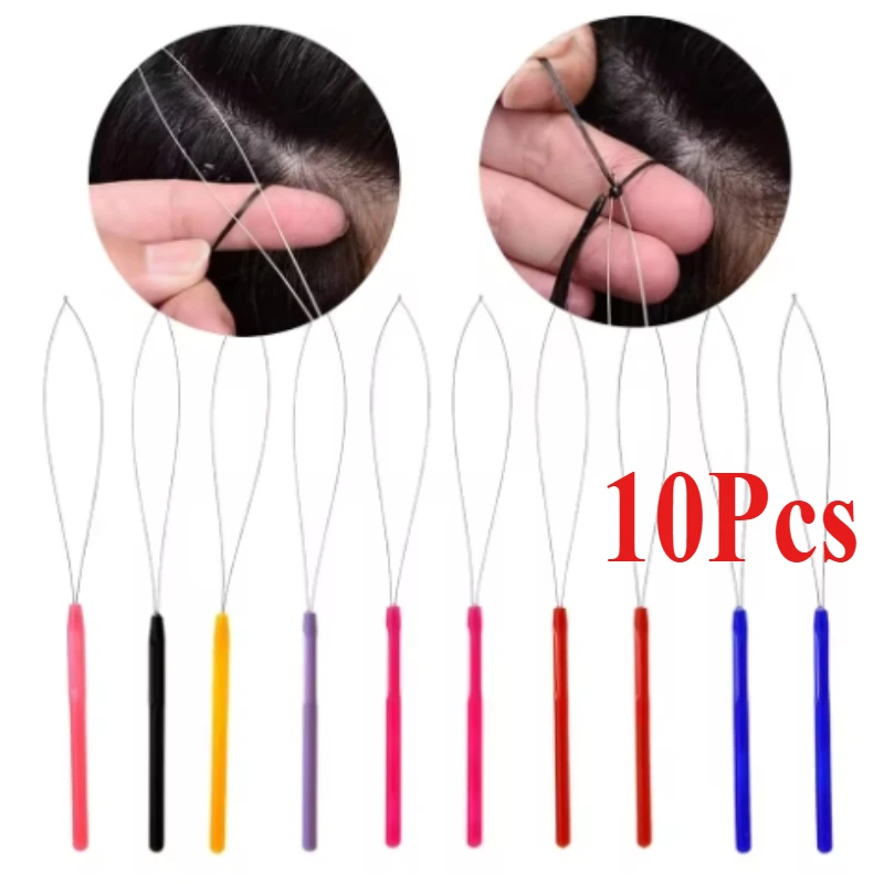 10 pcs Hair Extensions Loop Needle Pulling Hook Tool Needle Threader Loop Tool for Silicone Microlink Beads