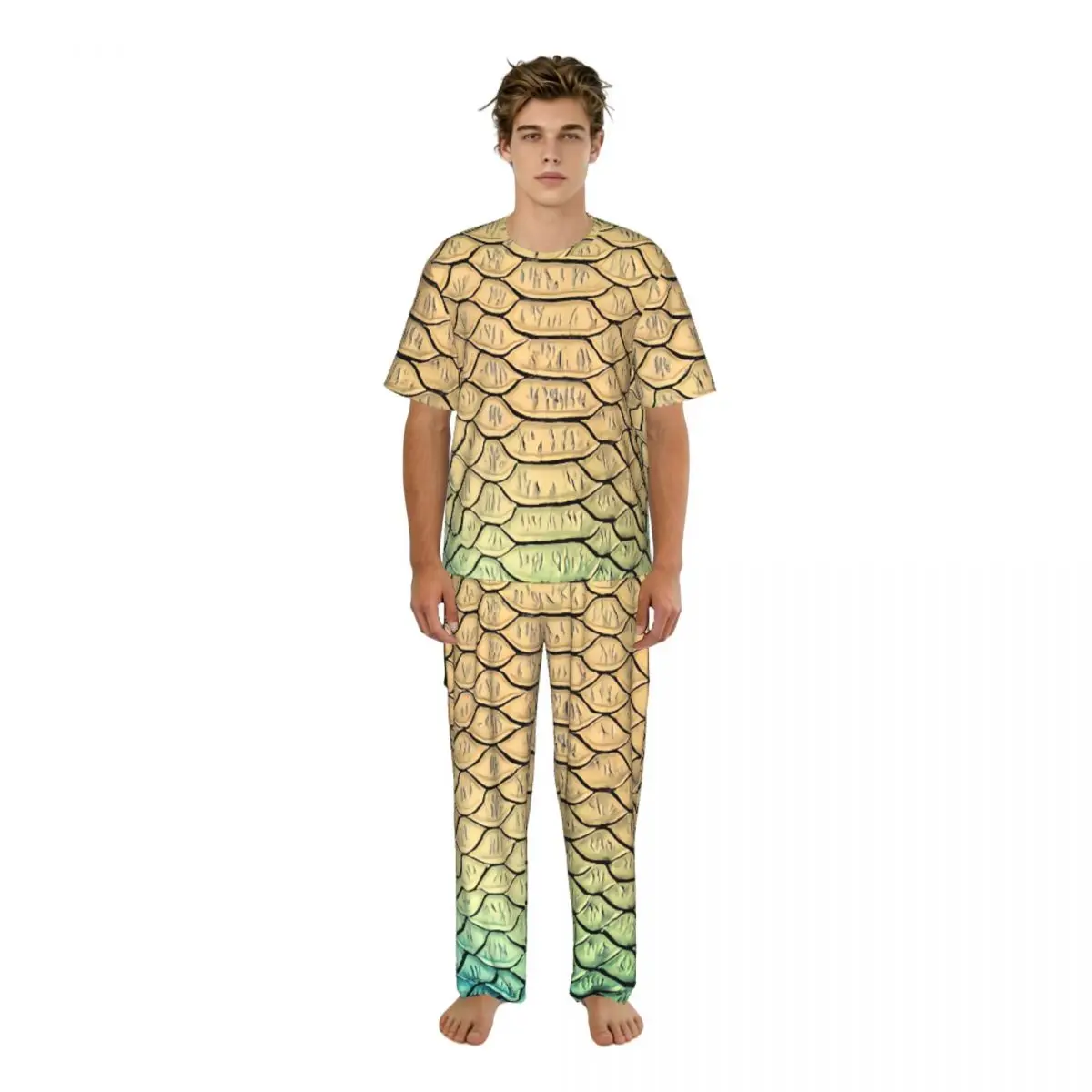 

Men's Pajamas Set Summer Short-Sleeve Tops + Long Pants Nightwear Home Wear Suits Snake Skin Texture Print Sleepwear