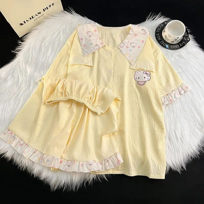 

Sanrio Hello Kitty Sleeping Wear Printed with Animals Women Pajamas Shorts Short Sleeve Sleepwear Summer Pijama Kawaii Home Suit