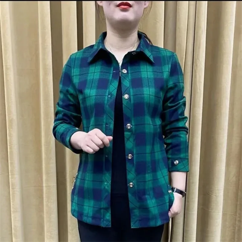 2024 Spring Autumn New Shirt Feminine Cotton Plaid Coat Middle-Aged Old Women Large Size Jacket Western Style Blouse Ladies Tops