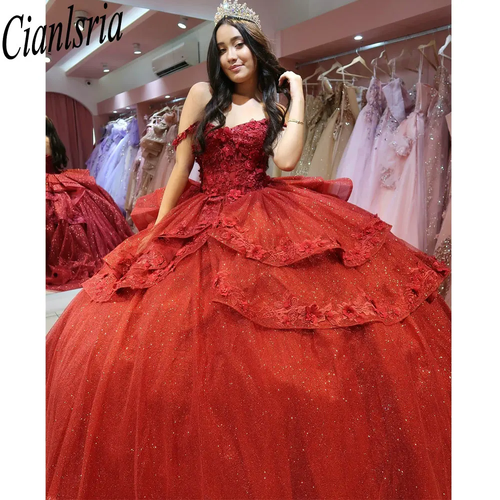 Red Glitter Crystal Ruffles Quinceanera Dresses Ball Gown Spaghetti Strap Appliques Lace Sweet 15 Birthday Party