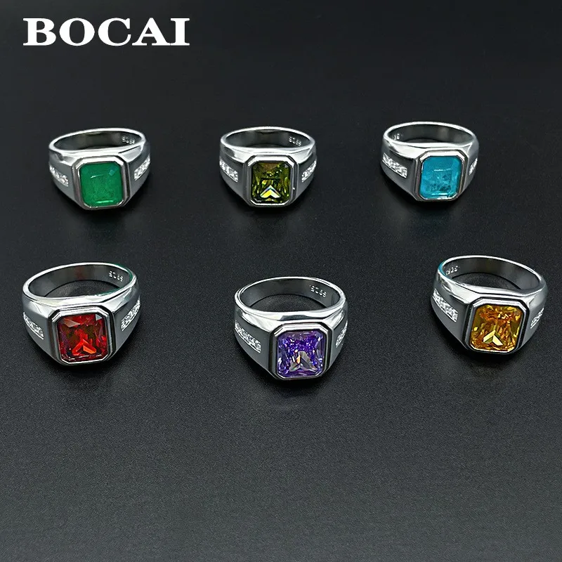 BOCAI 100% S925 Silver Retro Inlaid 5A zircon Ring for Men and Women Atmospheric Personalized Fashion and Trendy Couple Jewelry