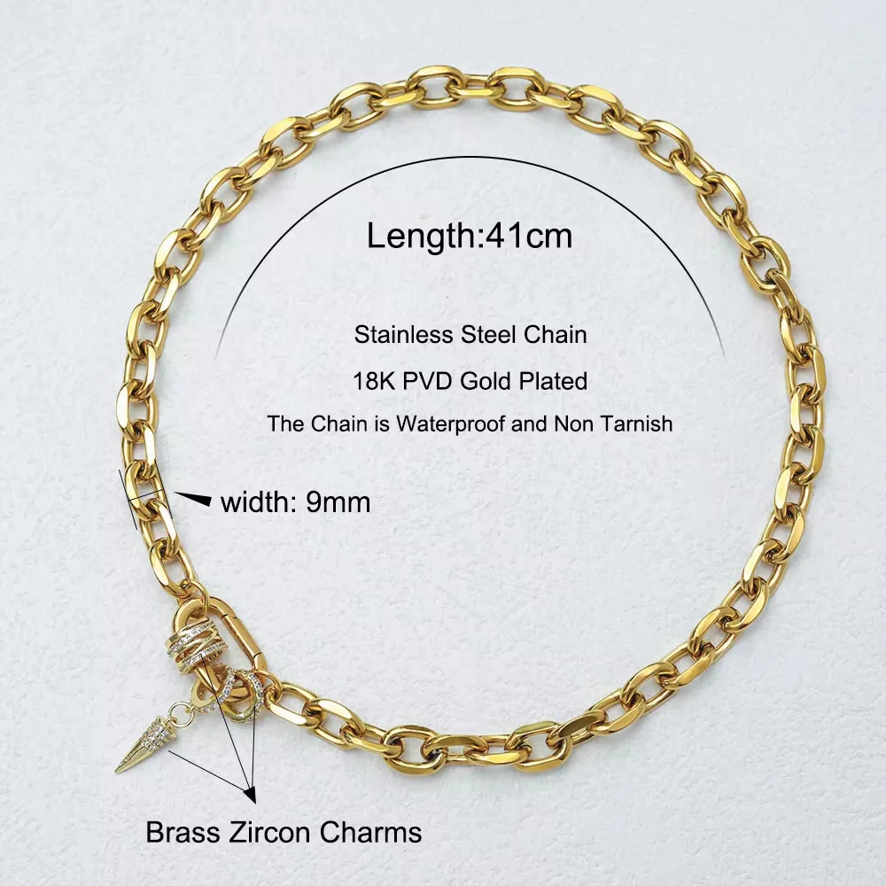 Freeshippings Item Non Tarnish Jewelry Stainless Steel 18K Gold Plated Oval Link Spring Clasp Full Zircon Charms Choker Necklace