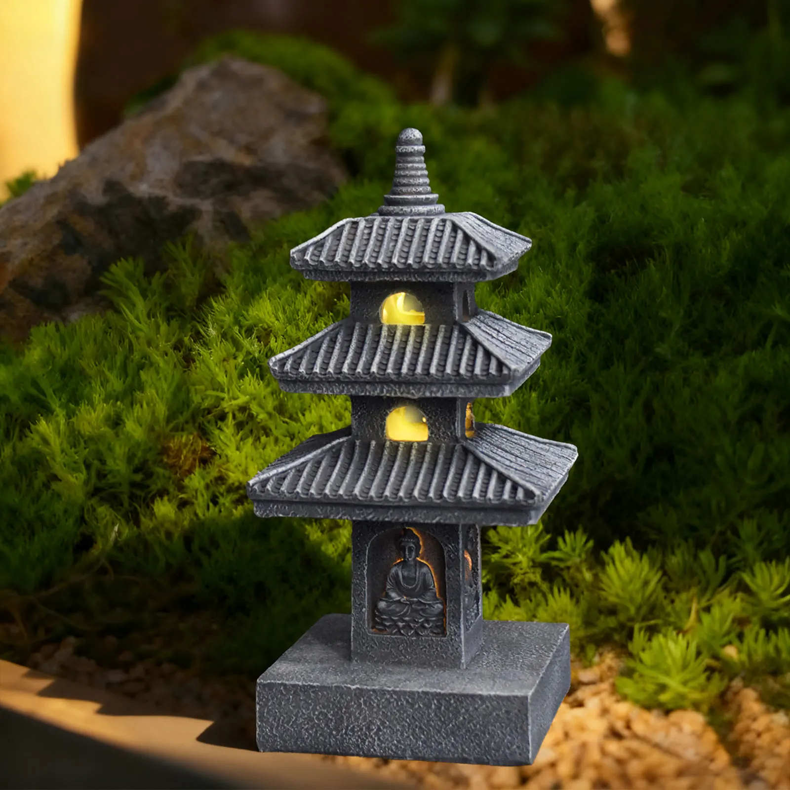 Solar Pagoda Lantern Statu Zen Inspired Lamp Ornament Outdoor Garden Decorations Porch Patio Pathway Accessories Gift