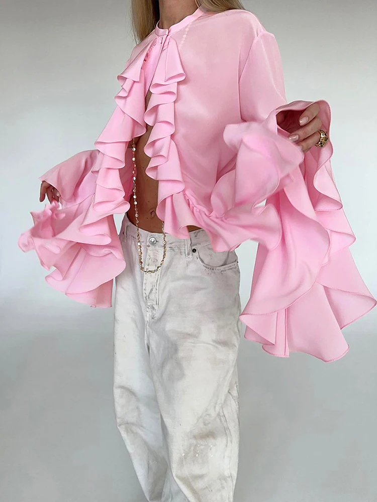 Aynaray Women Autumn Winter 2024 Elegant Ruffles Solid Pink Chiffon Blouse Long Sleeve Shirt For Woman Female