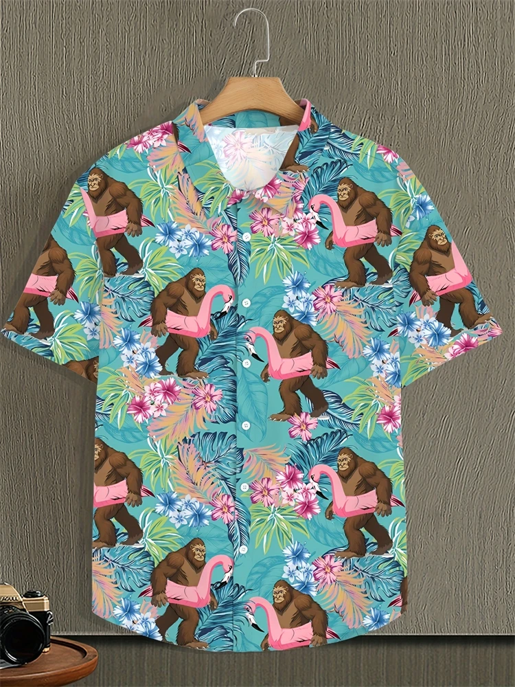 2025 Men's Summer Shirt Lapel Design Swimming Circle Gorilla Pattern Men's Large Size Shirt Fashion Loose Seaside Partywear